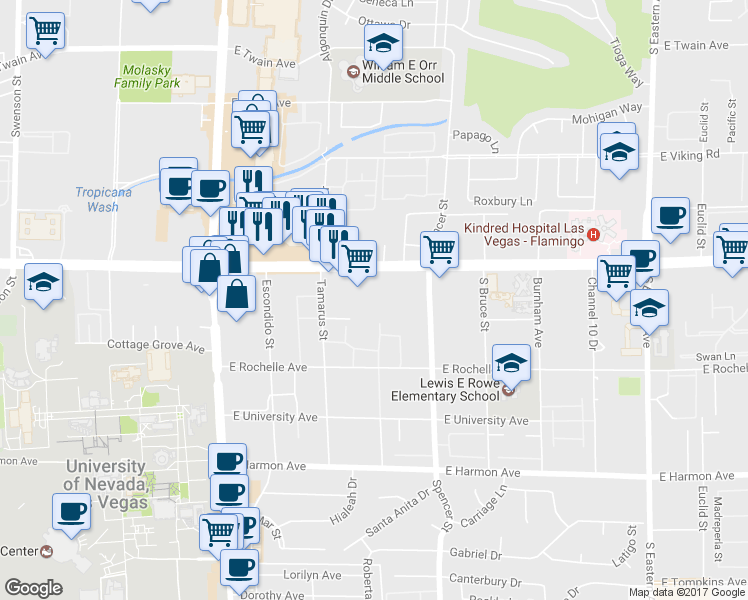 map of restaurants, bars, coffee shops, grocery stores, and more near 1569 E Flamingo Rd in Las Vegas