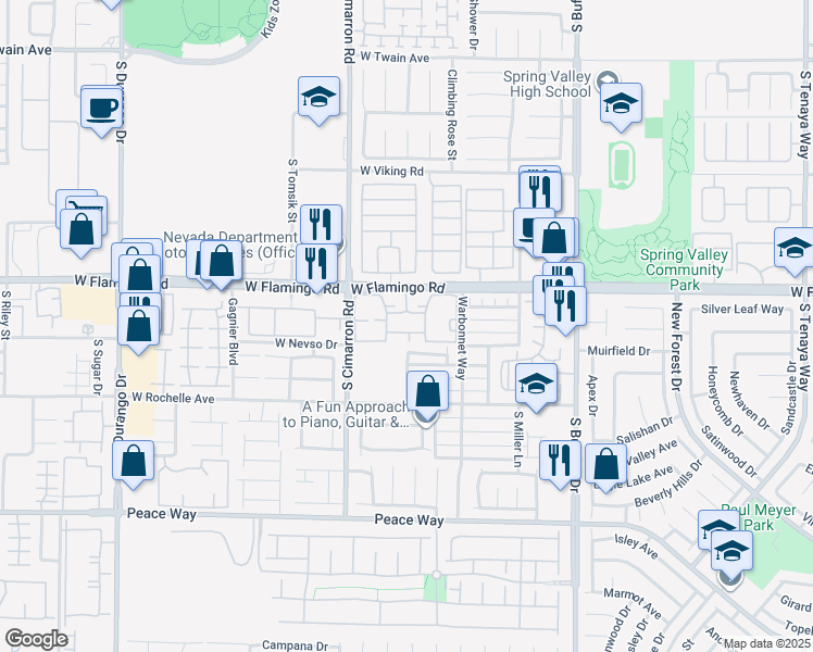 map of restaurants, bars, coffee shops, grocery stores, and more near 8101 West Flamingo Road in Las Vegas