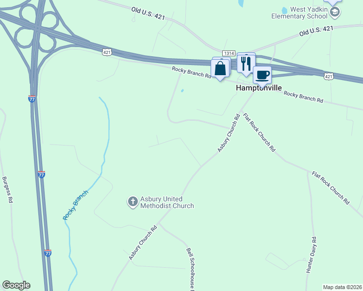 map of restaurants, bars, coffee shops, grocery stores, and more near 4417 Wiles Road in Hamptonville