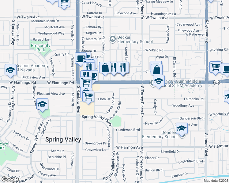 map of restaurants, bars, coffee shops, grocery stores, and more near 4142 Larkwood Avenue in Las Vegas