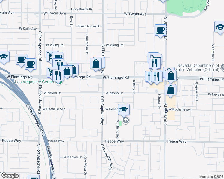 map of restaurants, bars, coffee shops, grocery stores, and more near 8987 West Flamingo Road in Las Vegas