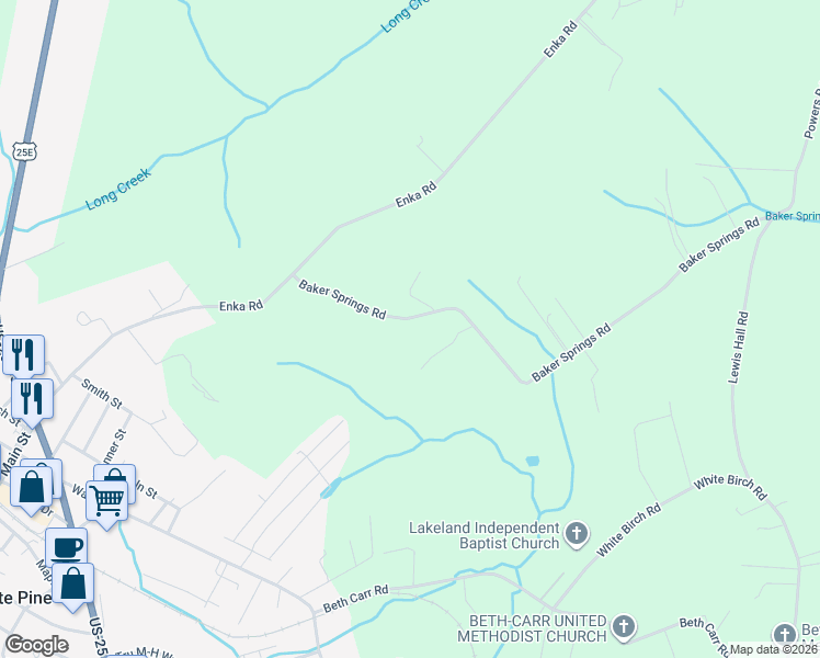 map of restaurants, bars, coffee shops, grocery stores, and more near 3366 Baker Springs Road in Baneberry