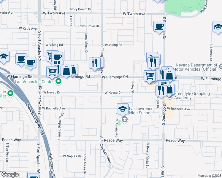 map of restaurants, bars, coffee shops, grocery stores, and more near 8925 West Flamingo Road in Las Vegas