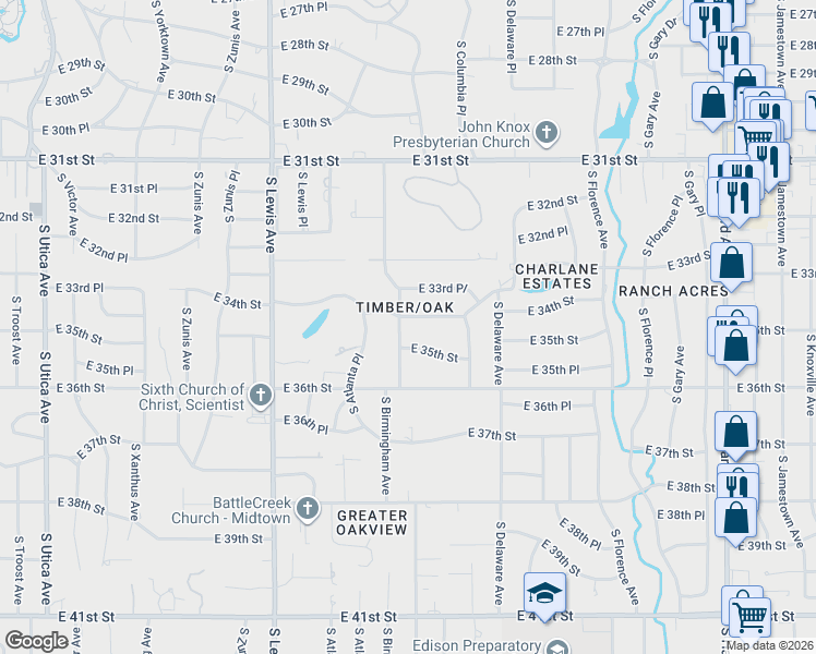 map of restaurants, bars, coffee shops, grocery stores, and more near 2521 East 34th Street in Tulsa