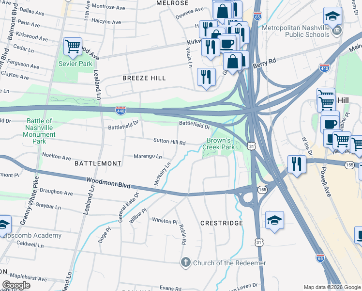 map of restaurants, bars, coffee shops, grocery stores, and more near 846 Sutton Hill Road in Nashville