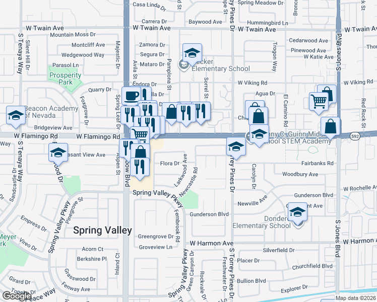 map of restaurants, bars, coffee shops, grocery stores, and more near 4142 Larkwood Avenue in Las Vegas