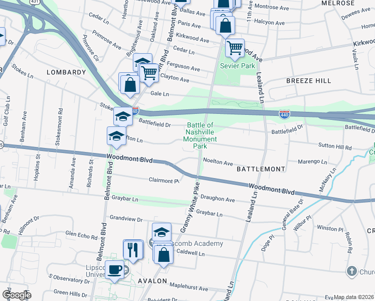map of restaurants, bars, coffee shops, grocery stores, and more near 3401 Granny White Pike in Nashville