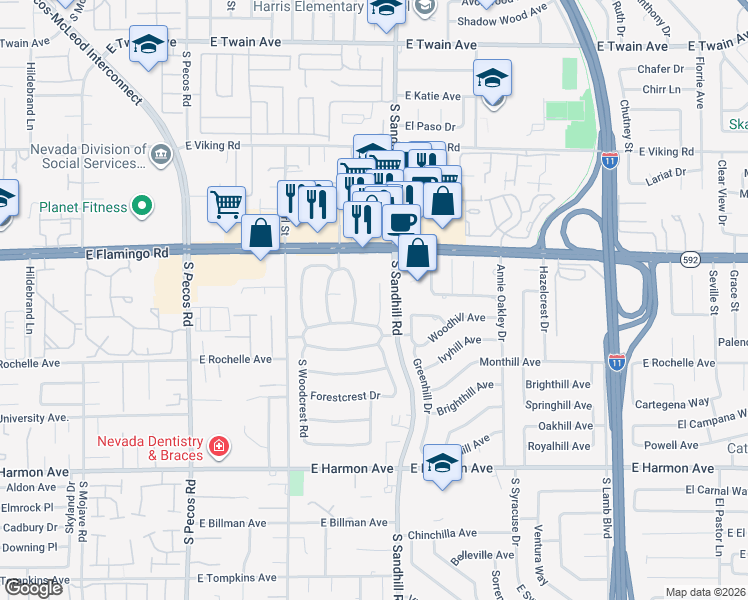 map of restaurants, bars, coffee shops, grocery stores, and more near 4168 East Pinecrest Circle in Las Vegas
