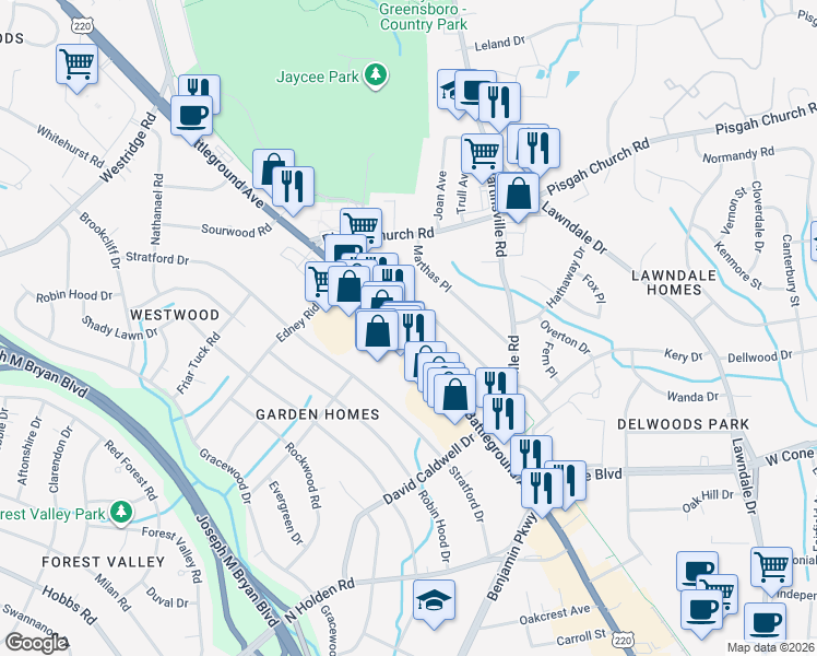 map of restaurants, bars, coffee shops, grocery stores, and more near 2939 Isaacs Place in Greensboro