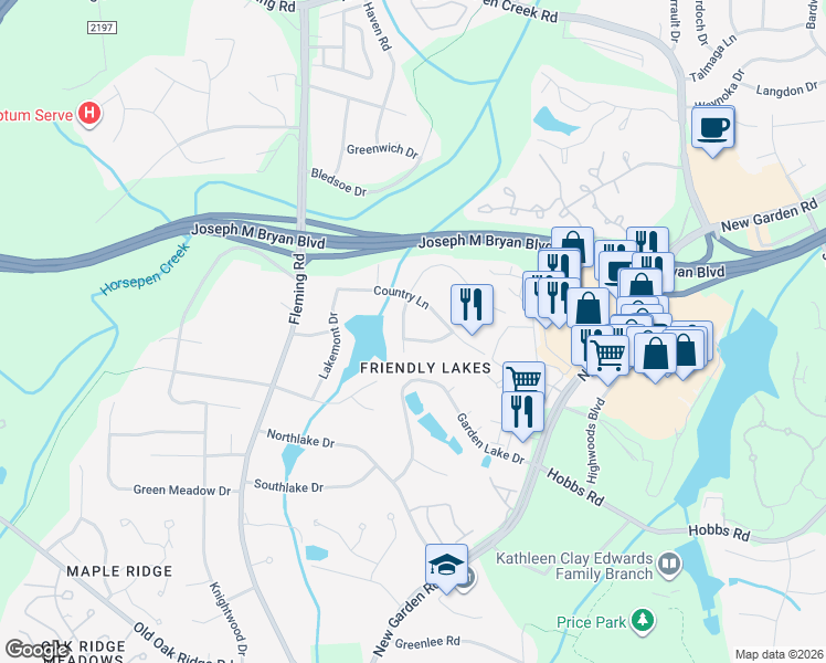 map of restaurants, bars, coffee shops, grocery stores, and more near 5617 Country Lane in Greensboro