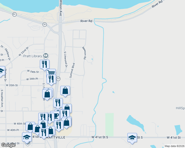 map of restaurants, bars, coffee shops, grocery stores, and more near 3215 Rawson Road in Sand Springs