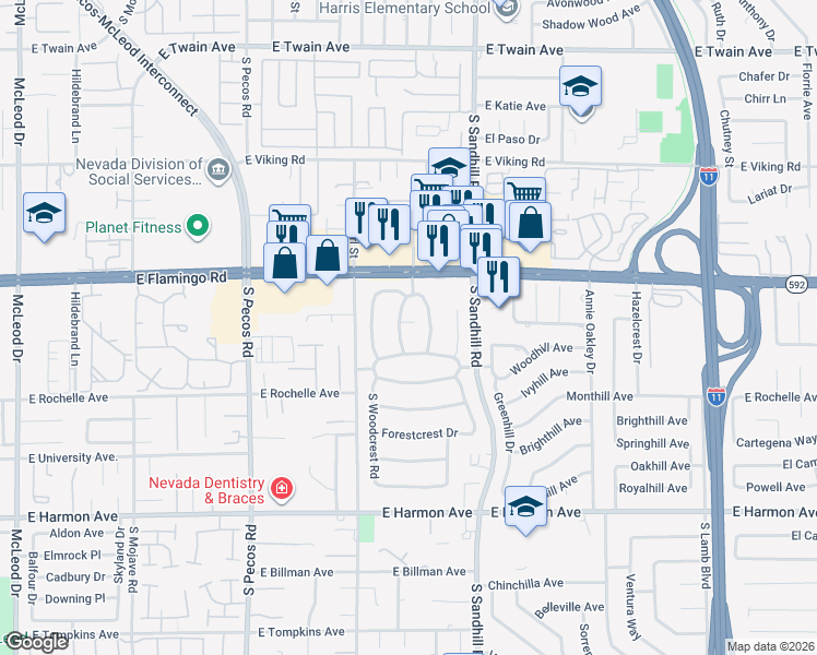 map of restaurants, bars, coffee shops, grocery stores, and more near 4202 West Pinecrest Circle in Las Vegas