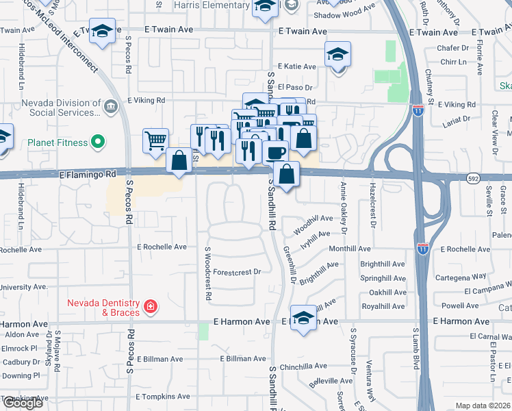 map of restaurants, bars, coffee shops, grocery stores, and more near 4168 East Pinecrest Circle in Las Vegas