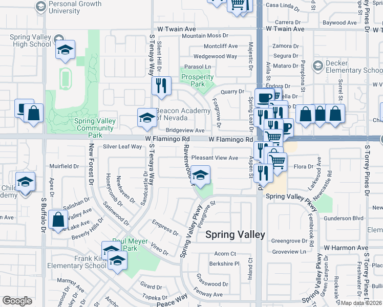 map of restaurants, bars, coffee shops, grocery stores, and more near 7154 Clearwater Avenue in Las Vegas
