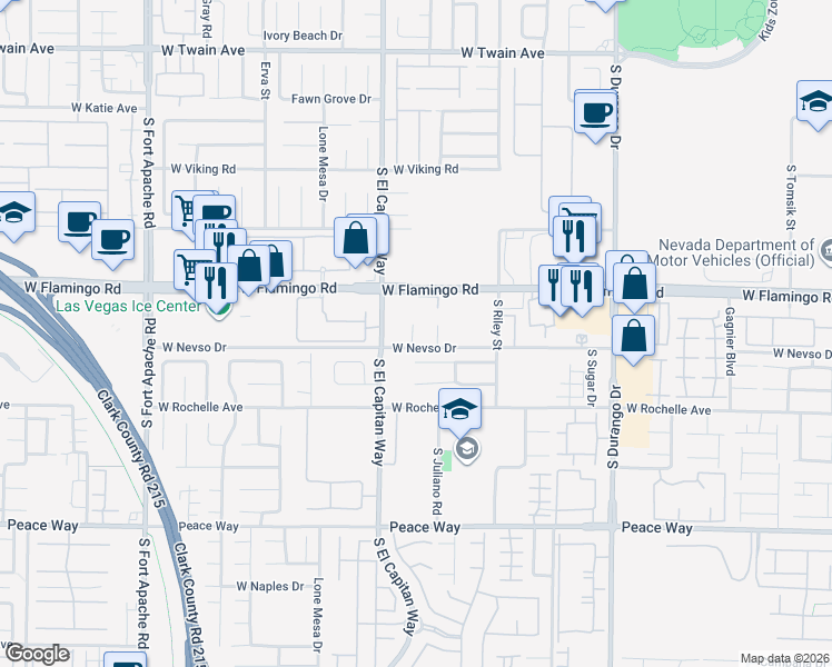 map of restaurants, bars, coffee shops, grocery stores, and more near 8987 West Flamingo Road in Las Vegas