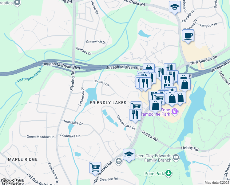 map of restaurants, bars, coffee shops, grocery stores, and more near 5608 Country Lane in Greensboro