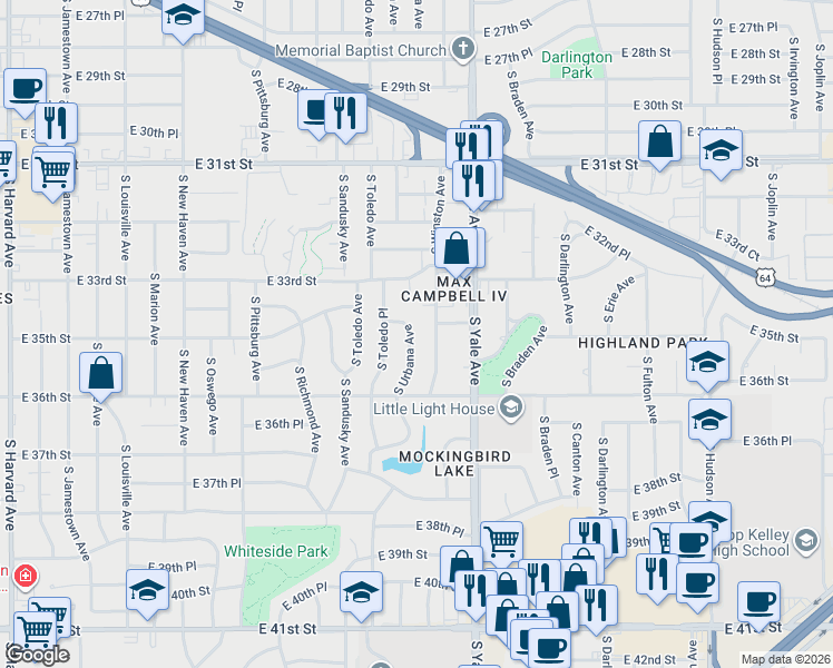 map of restaurants, bars, coffee shops, grocery stores, and more near 4541 East 35th Street in Tulsa