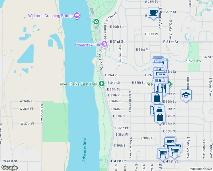 map of restaurants, bars, coffee shops, grocery stores, and more near 115 East 34th Street in Tulsa
