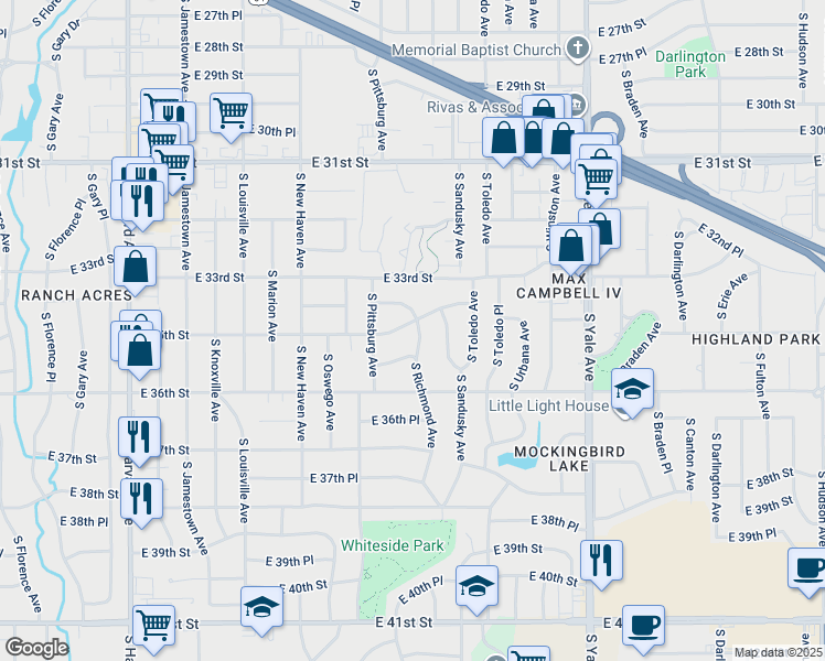map of restaurants, bars, coffee shops, grocery stores, and more near 4148 East 35th Street in Tulsa