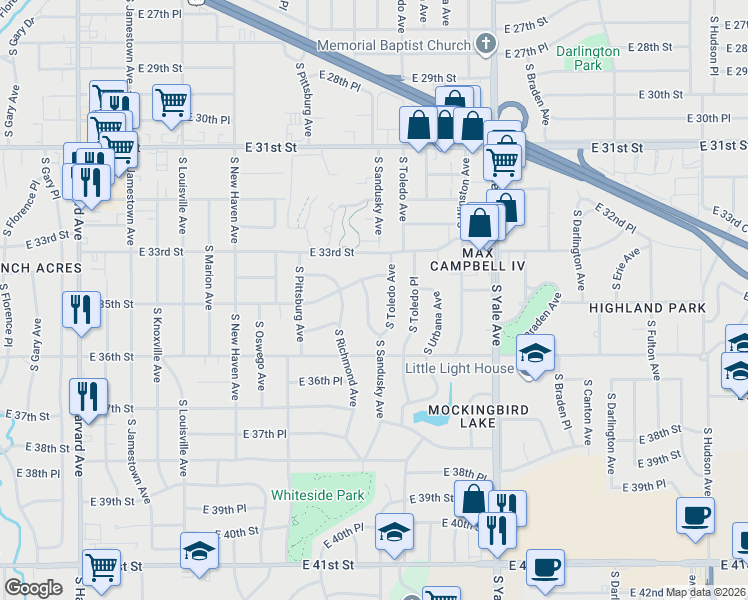 map of restaurants, bars, coffee shops, grocery stores, and more near 4406 East 35th Street in Tulsa