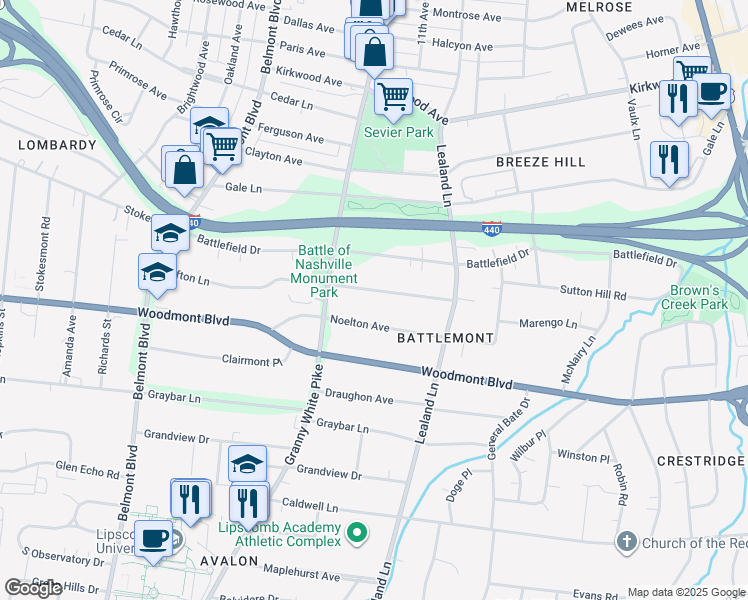 map of restaurants, bars, coffee shops, grocery stores, and more near 1102 Clifton Lane in Nashville