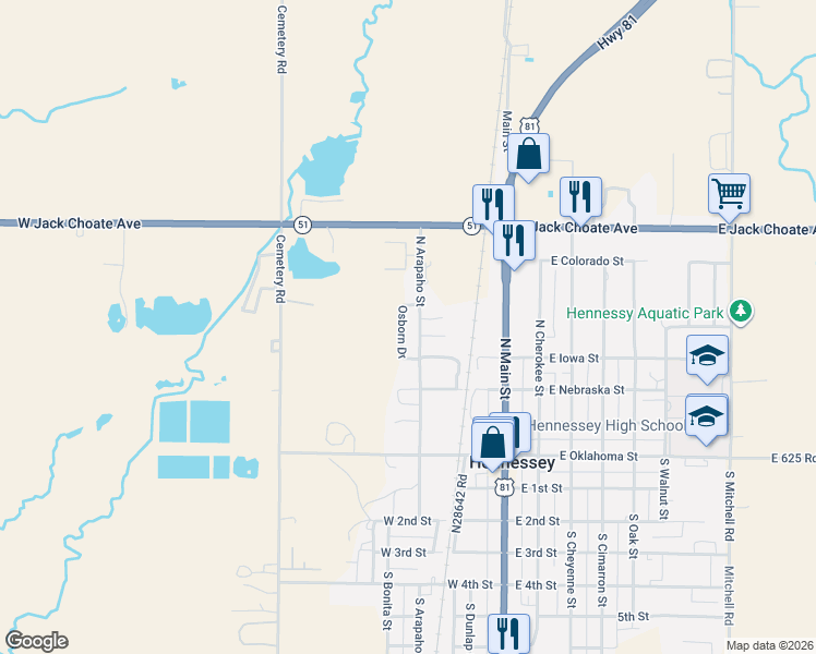 map of restaurants, bars, coffee shops, grocery stores, and more near 413 Osborn Drive in Hennessey