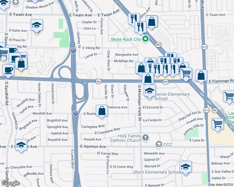 map of restaurants, bars, coffee shops, grocery stores, and more near 4154 Grace Street in Las Vegas