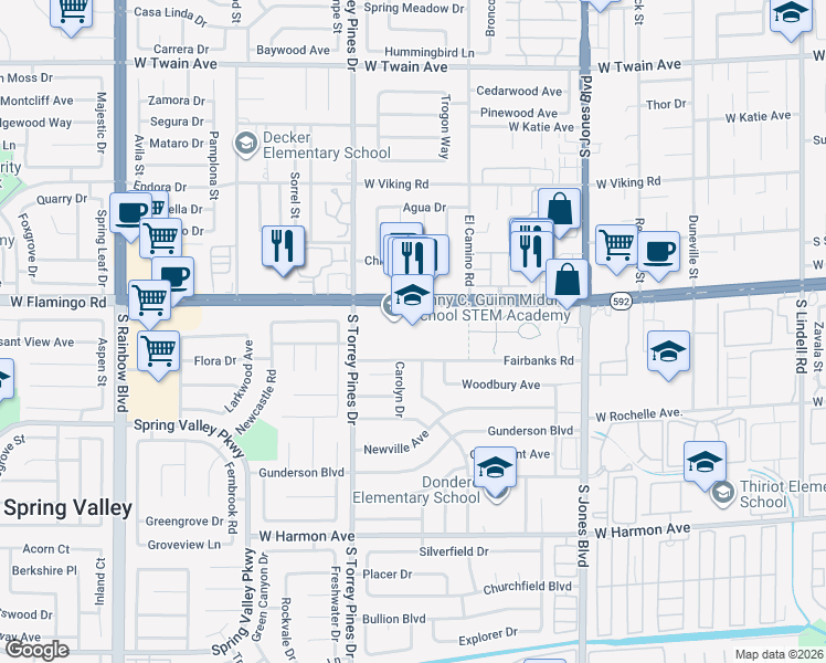 map of restaurants, bars, coffee shops, grocery stores, and more near 4150 South Torrey Pines Drive in Las Vegas