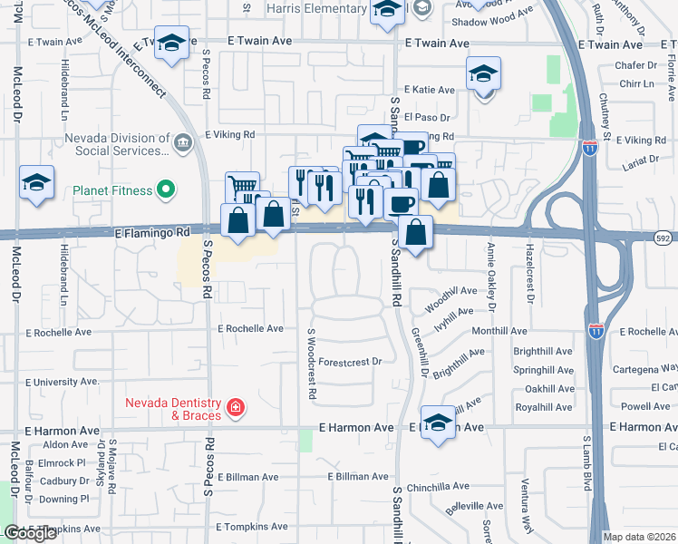 map of restaurants, bars, coffee shops, grocery stores, and more near 4202 West Pinecrest Circle in Las Vegas
