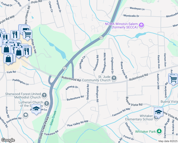 map of restaurants, bars, coffee shops, grocery stores, and more near 923 Kenleigh Circle in Winston-Salem