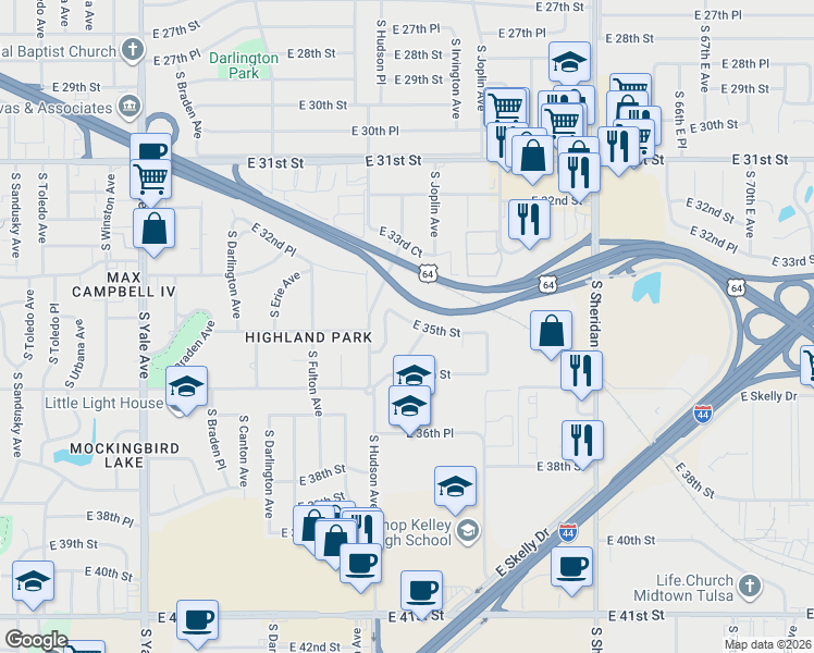 map of restaurants, bars, coffee shops, grocery stores, and more near 5837 East 35th Street in Tulsa