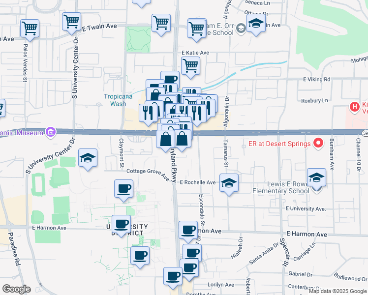 map of restaurants, bars, coffee shops, grocery stores, and more near 4110 South Maryland Parkway in Las Vegas