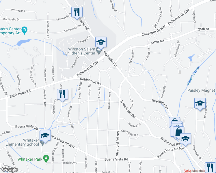 map of restaurants, bars, coffee shops, grocery stores, and more near 906 Oaklawn Avenue Northwest in Winston-Salem