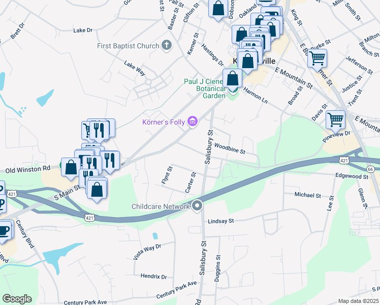map of restaurants, bars, coffee shops, grocery stores, and more near 116 Pineview Drive in Kernersville