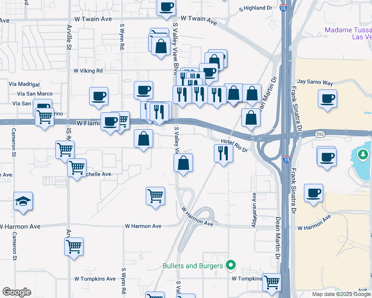 map of restaurants, bars, coffee shops, grocery stores, and more near 4200 South Valley View Boulevard in Las Vegas