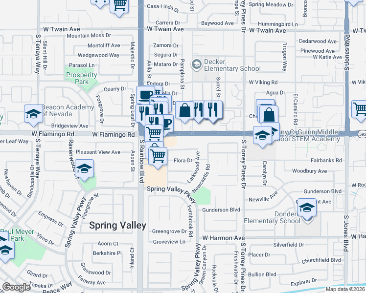 map of restaurants, bars, coffee shops, grocery stores, and more near 6685 West Flamingo Road in Las Vegas