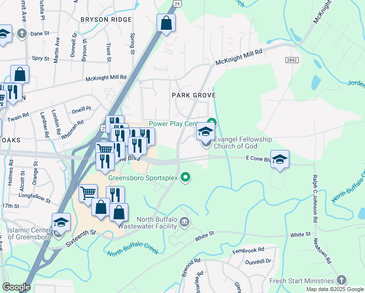 map of restaurants, bars, coffee shops, grocery stores, and more near 2571 Sixteenth Street in Greensboro