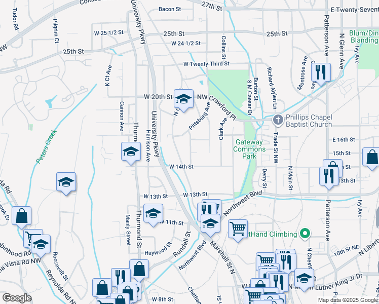map of restaurants, bars, coffee shops, grocery stores, and more near 805 Garfield Court in Winston-Salem