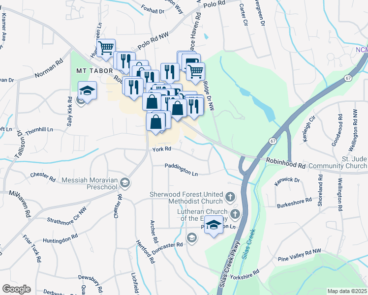 map of restaurants, bars, coffee shops, grocery stores, and more near 803 Chartwell Circle in Winston-Salem