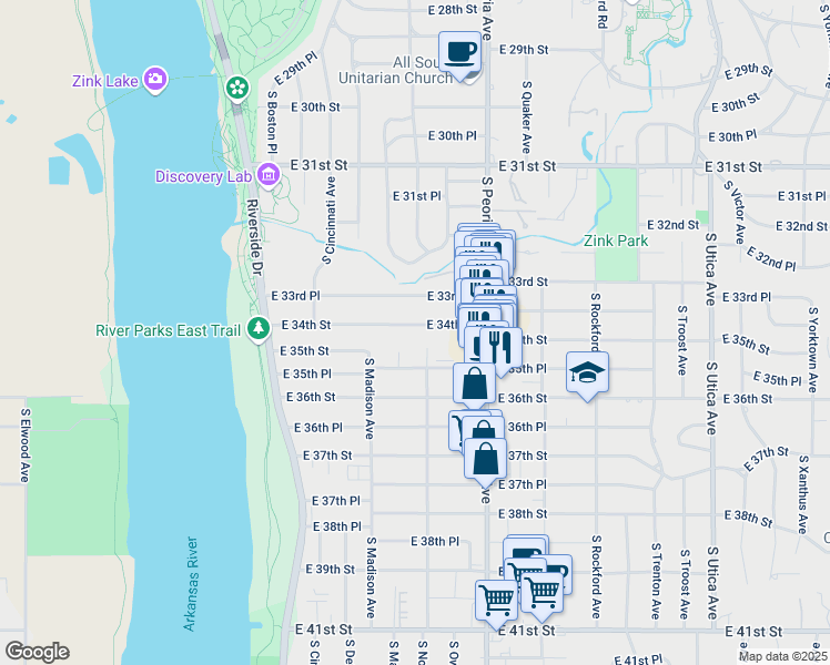 map of restaurants, bars, coffee shops, grocery stores, and more near 1033 East 34th Street in Tulsa