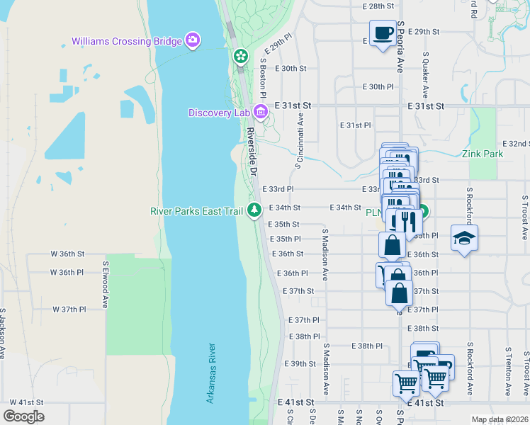 map of restaurants, bars, coffee shops, grocery stores, and more near 115 East 34th Street in Tulsa