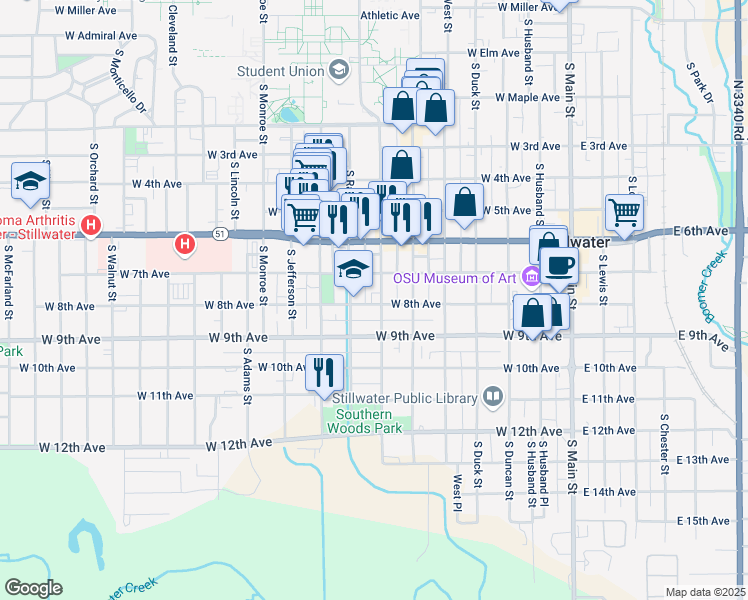 map of restaurants, bars, coffee shops, grocery stores, and more near 717 South Hester Street in Stillwater