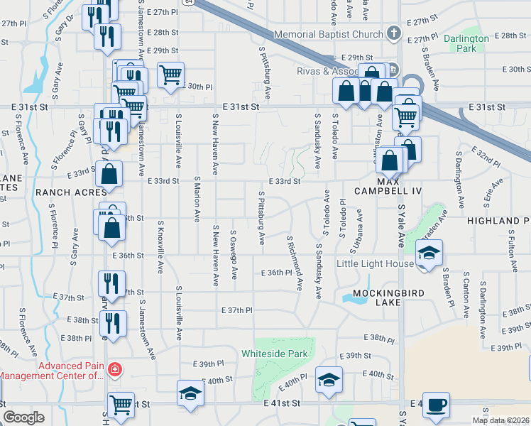 map of restaurants, bars, coffee shops, grocery stores, and more near 3412 South Pittsburg Avenue in Tulsa