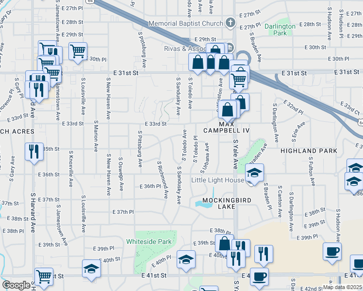 map of restaurants, bars, coffee shops, grocery stores, and more near 3509 South Toledo Avenue in Tulsa