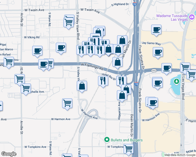 map of restaurants, bars, coffee shops, grocery stores, and more near 4200 South Valley View Boulevard in Las Vegas
