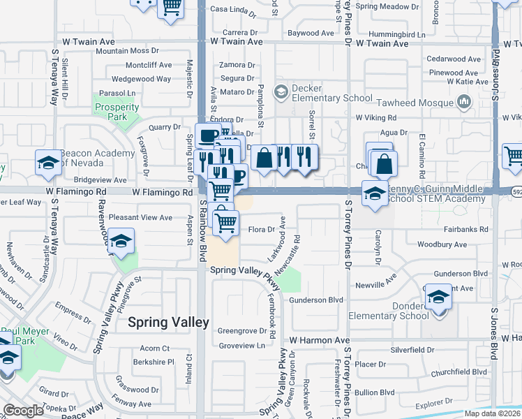 map of restaurants, bars, coffee shops, grocery stores, and more near 6685 West Flamingo Road in Las Vegas