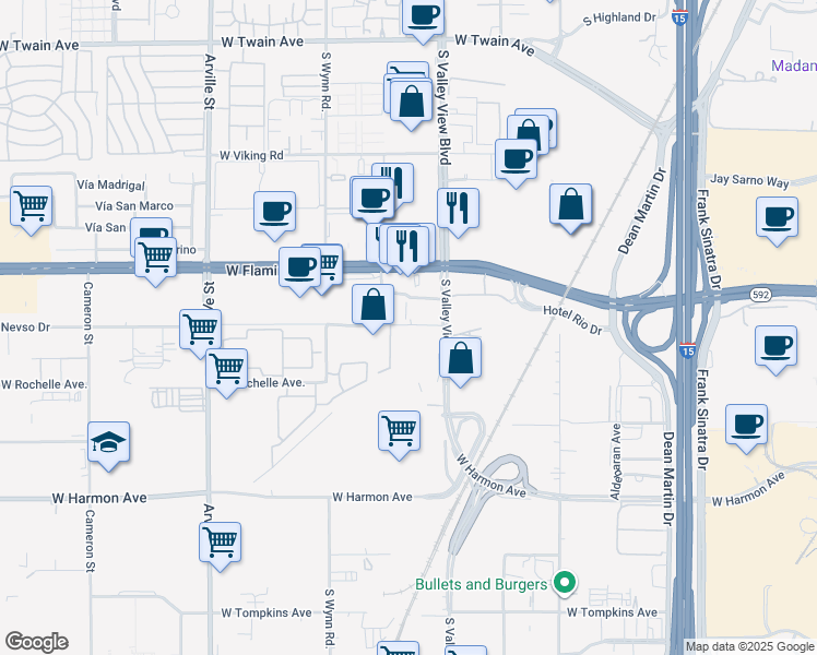 map of restaurants, bars, coffee shops, grocery stores, and more near 3821 West Flamingo Road in Las Vegas