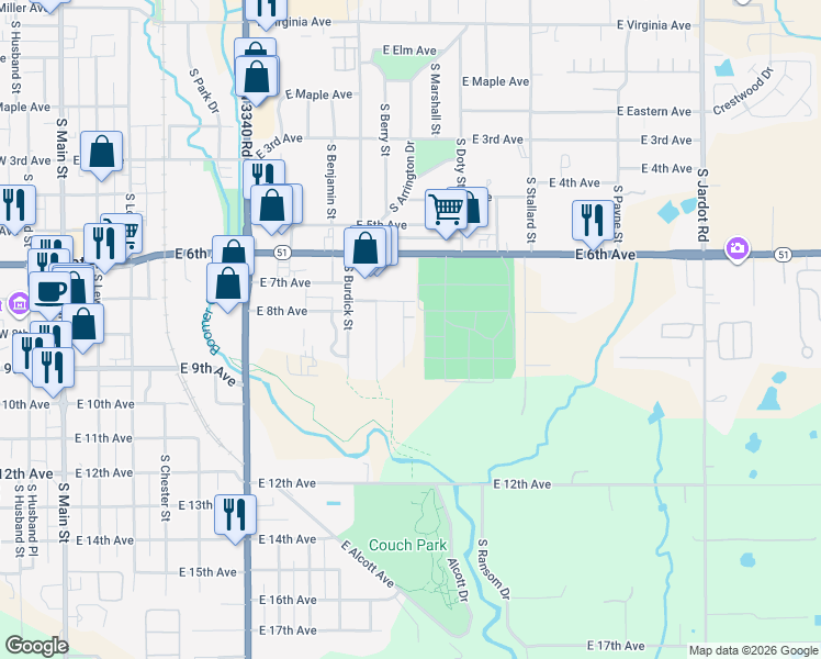 map of restaurants, bars, coffee shops, grocery stores, and more near 806 South Leigh Street in Stillwater