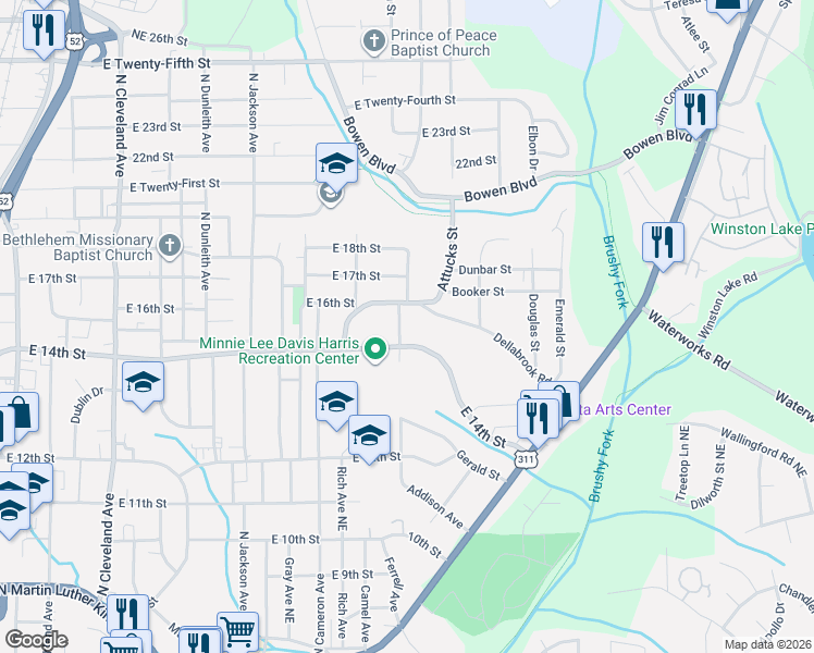 map of restaurants, bars, coffee shops, grocery stores, and more near 103 Dellabrook Road in Winston-Salem