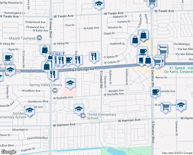 map of restaurants, bars, coffee shops, grocery stores, and more near 5525 West Flamingo Road in Las Vegas